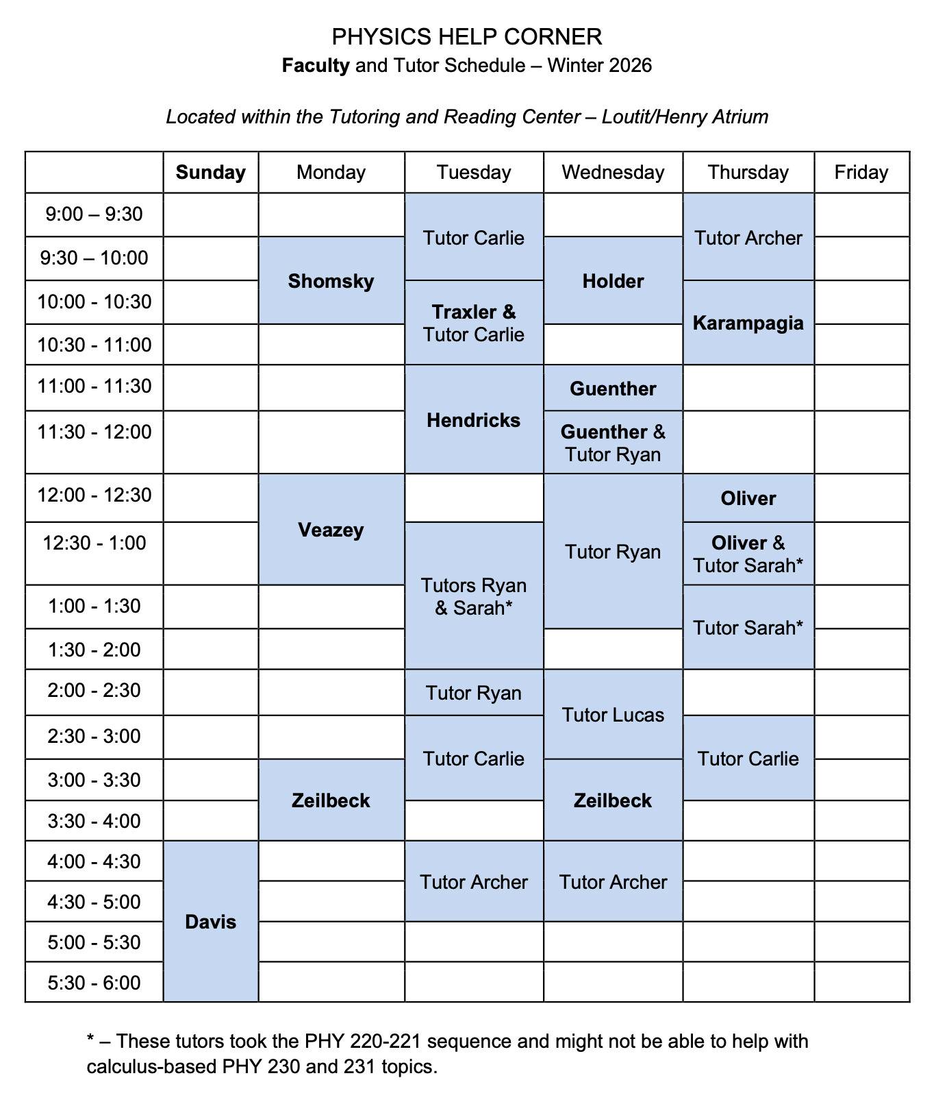 W2026 weekly schedule for the Physics Help Corner